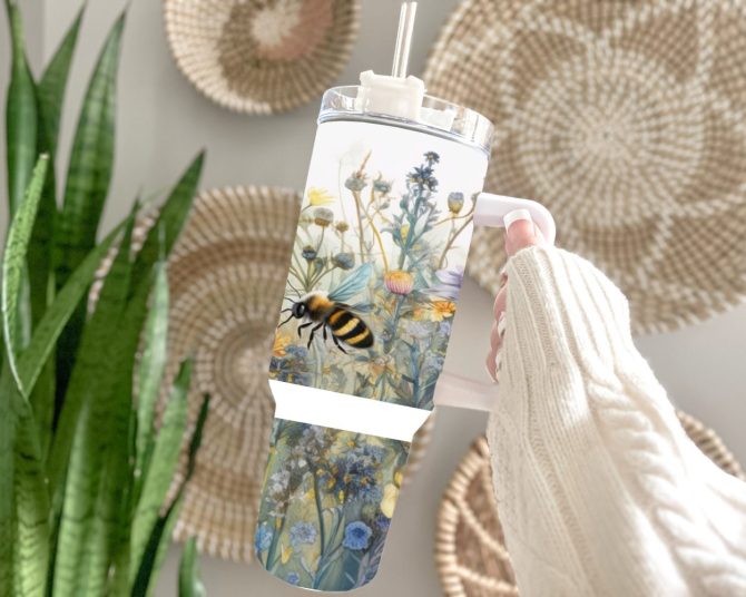 Bee And Wildflowers Custom Stanley Quencher 40Oz Stainless Steel Tumbler With Handle - Image 2