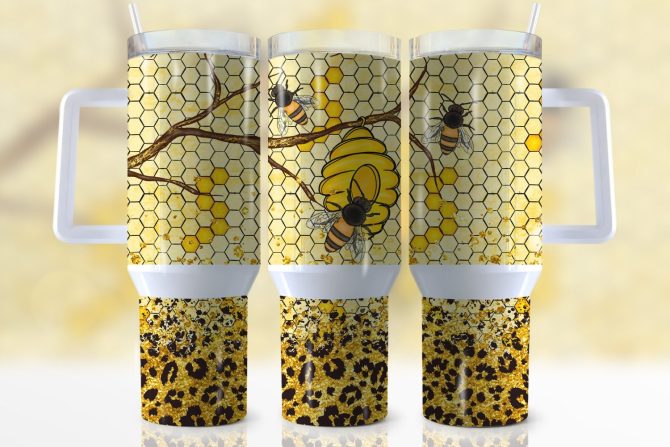 Bee Honeycomb Custom Stanley Quencher 40Oz Stainless Steel Tumbler With Handle