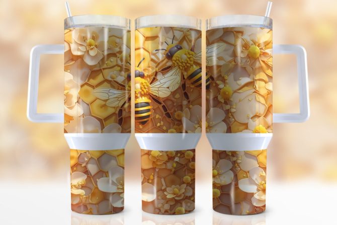 Bee Honeycomb Custom Stanley Quencher 40Oz Stainless Steel Tumbler With Handle