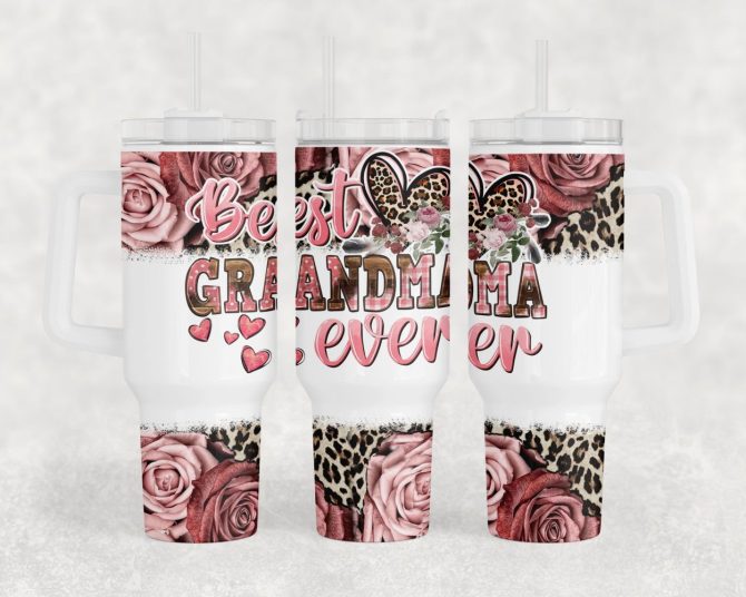 Best Grandma Ever Floral Leopard Print Custom Stanley Quencher 40Oz Stainless Steel Tumbler With Handle