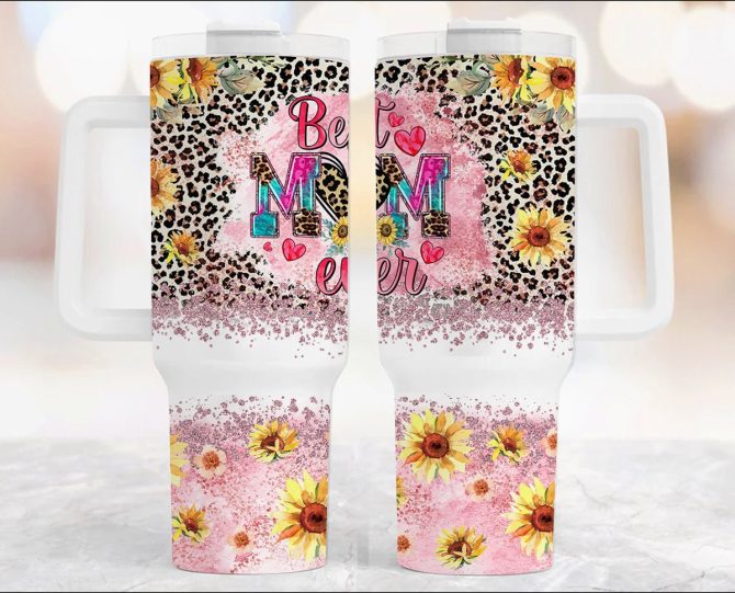 Best Mom Ever Glitter Leopard Print Custom Stanley Quencher 40Oz Stainless Steel Tumbler With Handle - Image 2