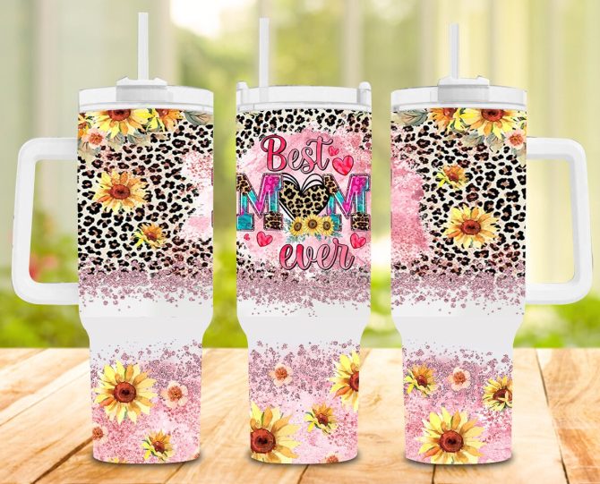Best Mom Ever Glitter Leopard Print Custom Stanley Quencher 40Oz Stainless Steel Tumbler With Handle