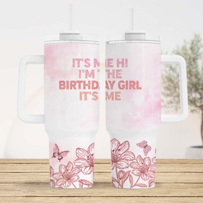 Birthday Girl Glitter Floral Custom Stanley Quencher 40Oz Stainless Steel Tumbler With Handle - Image 3