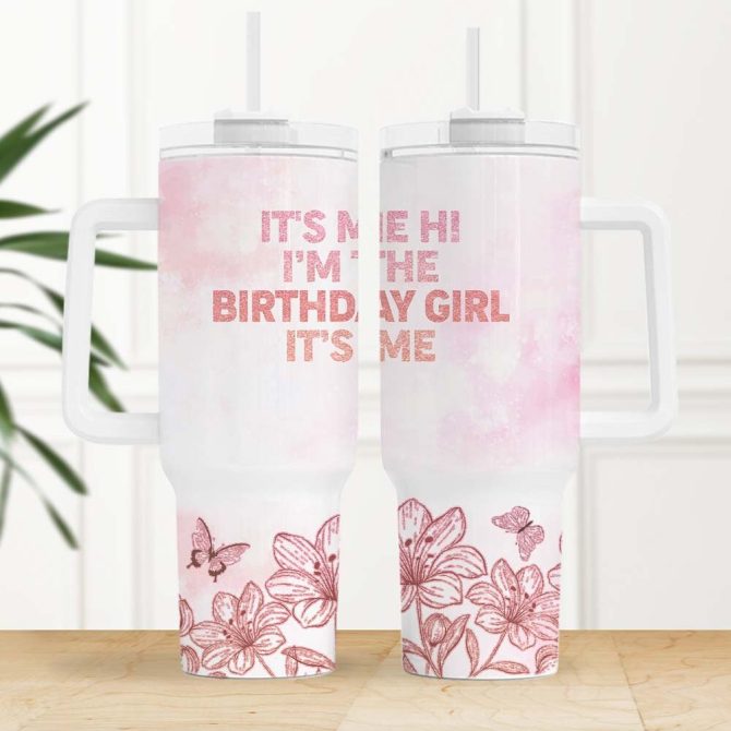 Birthday Girl Glitter Floral Custom Stanley Quencher 40Oz Stainless Steel Tumbler With Handle - Image 2