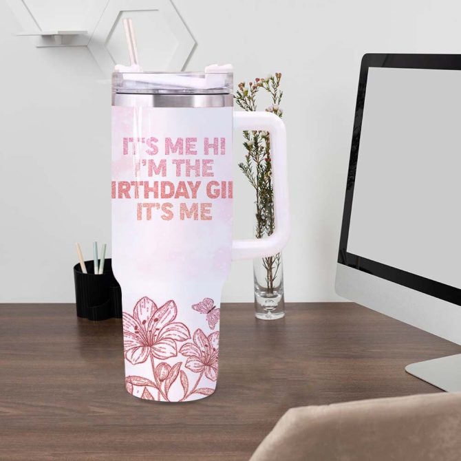 Birthday Girl Glitter Floral Custom Stanley Quencher 40Oz Stainless Steel Tumbler With Handle - Image 4