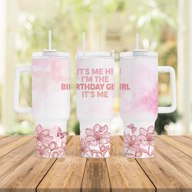 Birthday Girl Glitter Floral Custom Stanley Quencher 40Oz Stainless Steel Tumbler With Handle