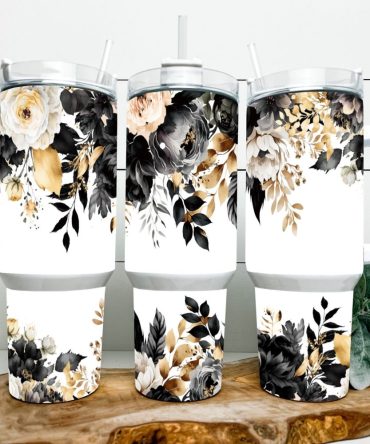Black And Gold Floral Custom Stanley Quencher 40Oz Stainless Steel Tumbler With Handle