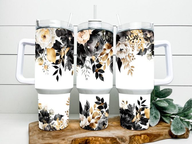 Black And Gold Floral Custom Stanley Quencher 40Oz Stainless Steel Tumbler With Handle