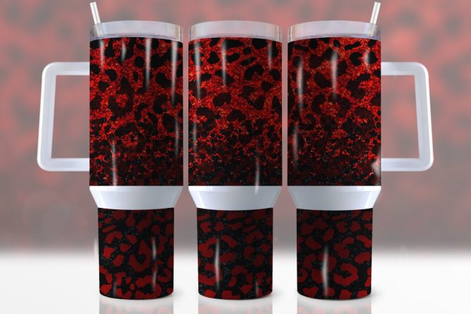 Black And Red Leopard Print Custom Stanley Quencher 40Oz Stainless Steel Tumbler With Handle