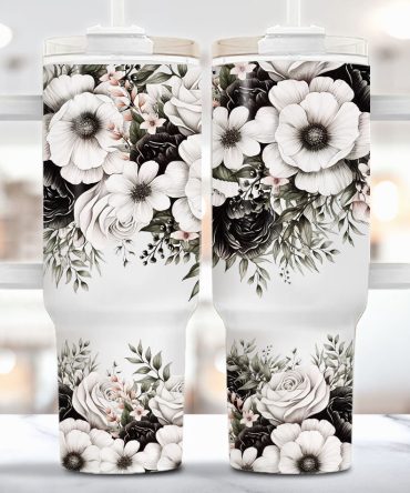 Black And White Floral Custom Stanley Quencher 40Oz Stainless Steel Tumbler With Handle