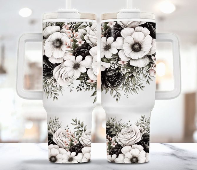 Black And White Floral Custom Stanley Quencher 40Oz Stainless Steel Tumbler With Handle