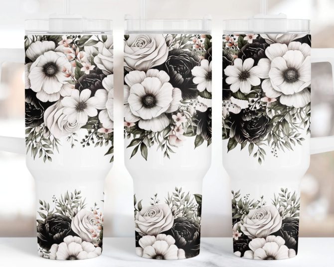 Black And White Floral Custom Stanley Quencher 40Oz Stainless Steel Tumbler With Handle - Image 3