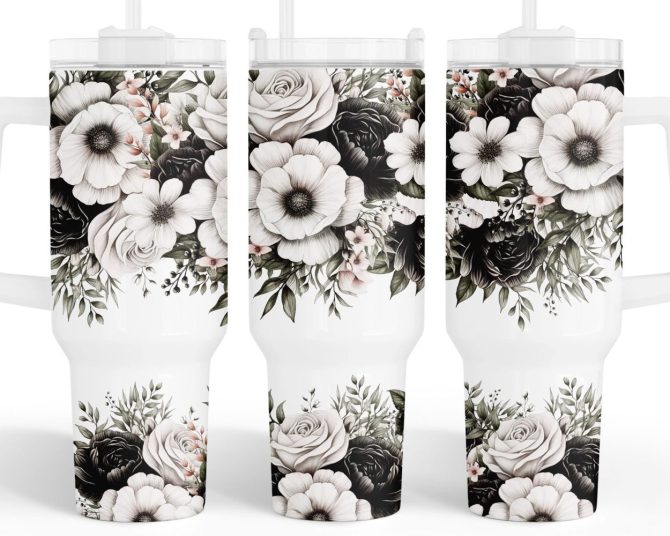 Black And White Floral Custom Stanley Quencher 40Oz Stainless Steel Tumbler With Handle - Image 2