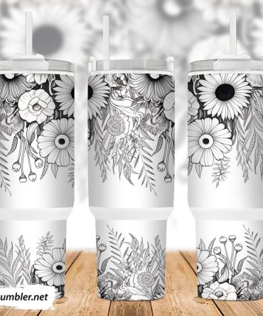 Black And White Flowers Custom Stanley Quencher 40Oz Stainless Steel Tumbler With Handle