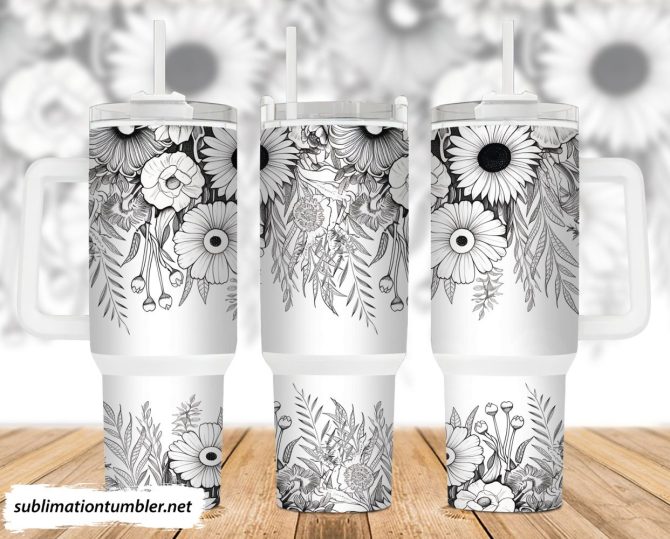 Black And White Flowers Custom Stanley Quencher 40Oz Stainless Steel Tumbler With Handle