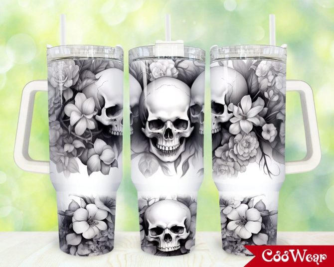 Black And White Skulls Custom Stanley Quencher 40Oz Stainless Steel Tumbler With Handle