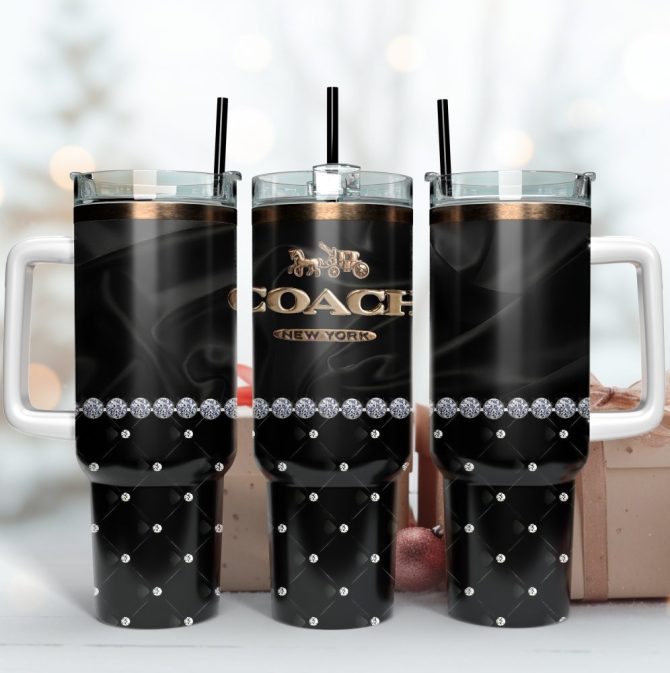 Black Bling Coach Logo Custom Stanley Quencher 40Oz Stainless Steel Tumbler With Handle