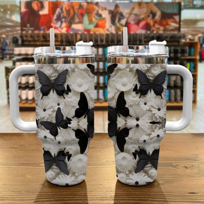 Black Butterfly Floral Custom Stanley Quencher 40Oz Stainless Steel - Image 2