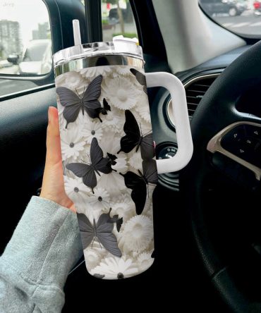 Black Butterfly Floral Custom Stanley Quencher 40Oz Stainless Steel