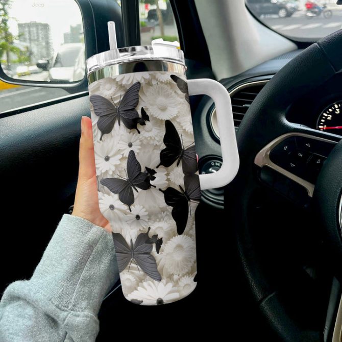 Black Butterfly Floral Custom Stanley Quencher 40Oz Stainless Steel