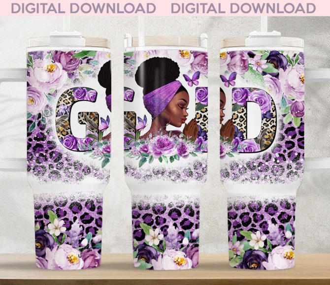 Black Girl Purple Flower Leopard Print Custom Stanley Quencher 40Oz Stainless Steel Tumbler With Handle