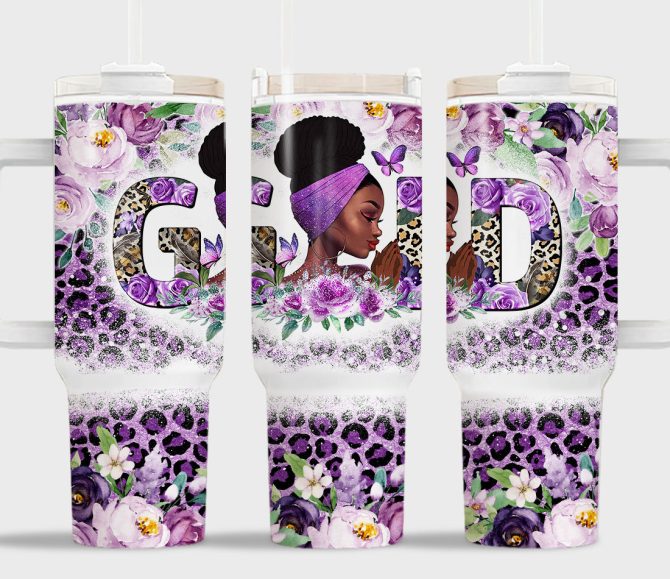 Black Girl Purple Flower Leopard Print Custom Stanley Quencher 40Oz Stainless Steel Tumbler With Handle - Image 2