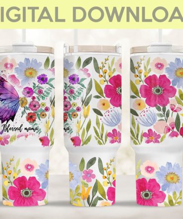 Blessed Mama Floral Butterfly Custom Stanley Quencher 40Oz Stainless Steel Tumbler With Handle