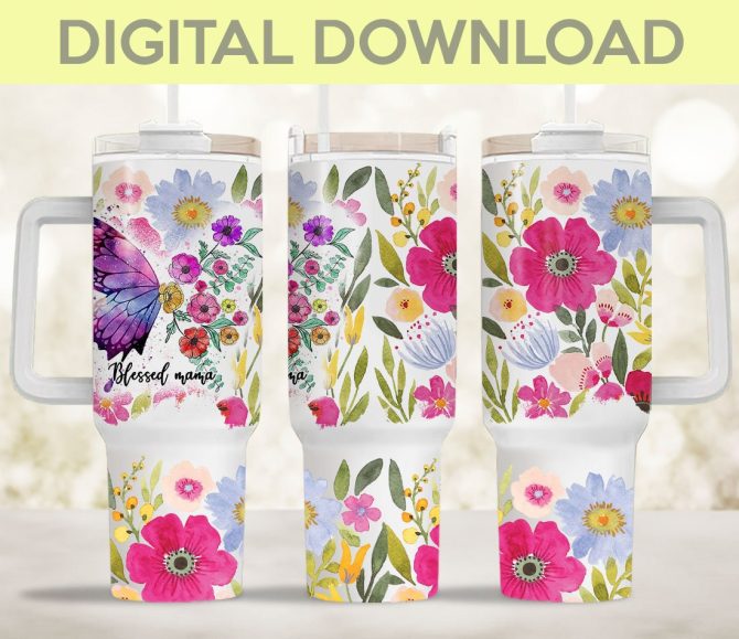 Blessed Mama Floral Butterfly Custom Stanley Quencher 40Oz Stainless Steel Tumbler With Handle