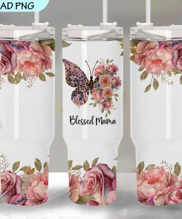 Blessed Mama Floral Butterfly Custom Stanley Quencher 40Oz Stainless Steel Tumbler With Handle