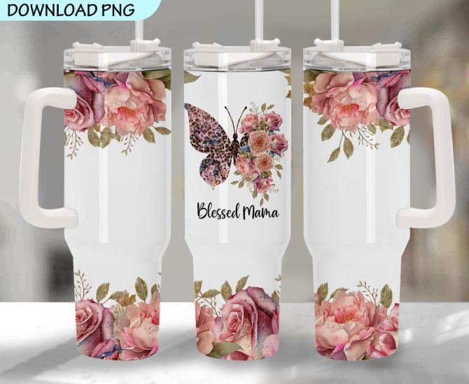 Blessed Mama Floral Butterfly Custom Stanley Quencher 40Oz Stainless Steel Tumbler With Handle