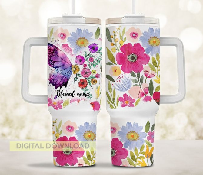Blessed Mama Floral Butterfly Custom Stanley Quencher 40Oz Stainless Steel Tumbler With Handle - Image 2