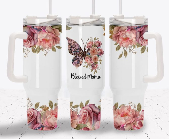 Blessed Mama Floral Butterfly Custom Stanley Quencher 40Oz Stainless Steel Tumbler With Handle - Image 2