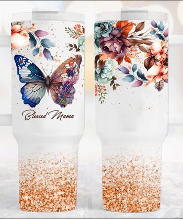 Blessed Mama Glitter Floral Butterfly Custom Stanley Quencher 40Oz Stainless Steel Tumbler With Handle