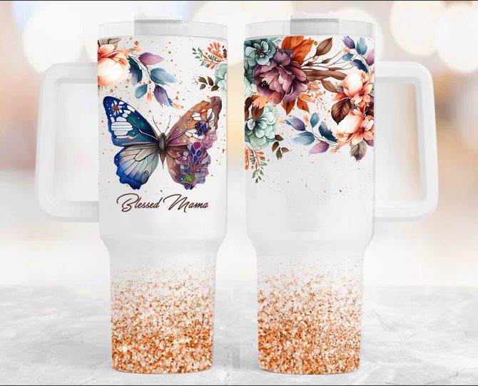 Blessed Mama Glitter Floral Butterfly Custom Stanley Quencher 40Oz Stainless Steel Tumbler With Handle