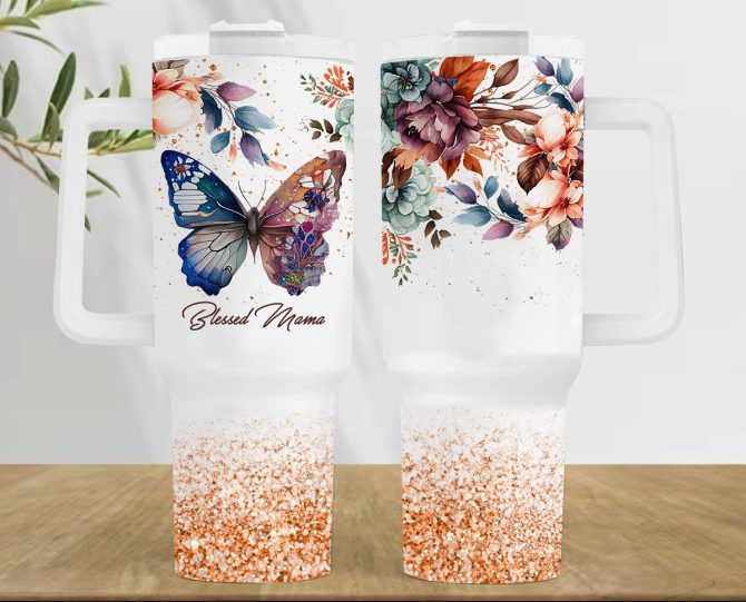 Blessed Mama Glitter Floral Butterfly Custom Stanley Quencher 40Oz Stainless Steel Tumbler With Handle - Image 3