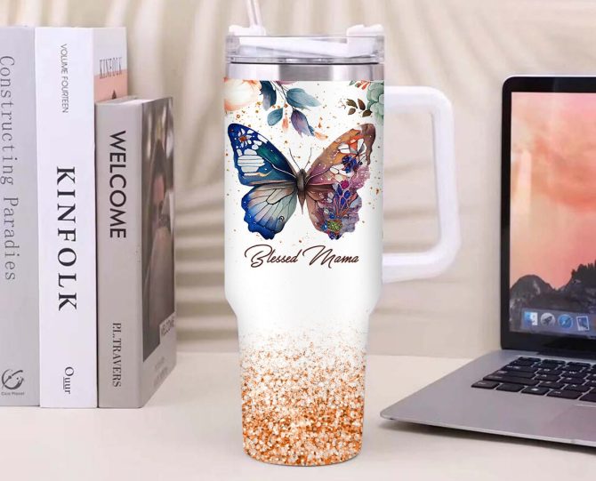 Blessed Mama Glitter Floral Butterfly Custom Stanley Quencher 40Oz Stainless Steel Tumbler With Handle - Image 2