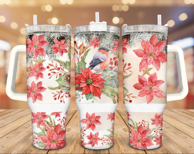 Blooming Poinsettia With Hummingbird Custom Stanley Quencher 40Oz Stainless Steel Tumbler With Handle