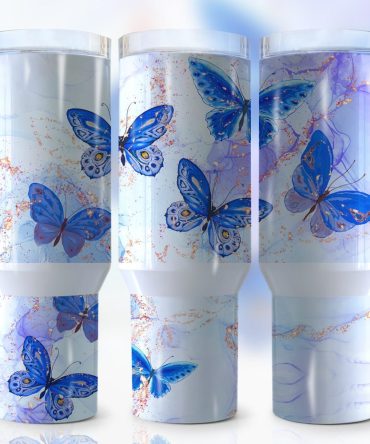 Blue Butterflies Custom Stanley Quencher 40Oz Stainless Steel Tumbler With Handle