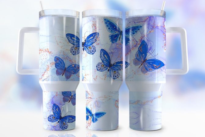 Blue Butterflies Custom Stanley Quencher 40Oz Stainless Steel Tumbler With Handle