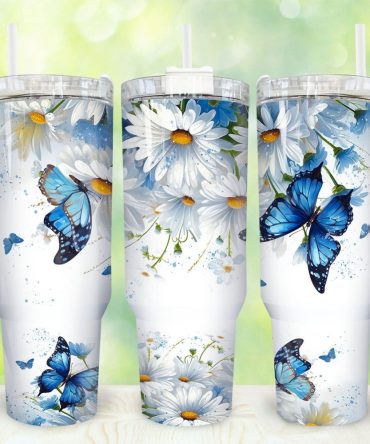 Blue Butterfly And Daisy Custom Stanley Quencher 40Oz Stainless Steel Tumbler With Handle