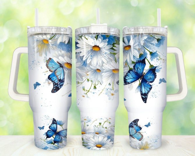 Blue Butterfly And Daisy Custom Stanley Quencher 40Oz Stainless Steel Tumbler With Handle