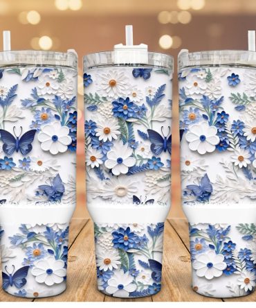 Blue Floral Butterflies Custom Stanley Quencher 40Oz Stainless Steel Tumbler With Handle