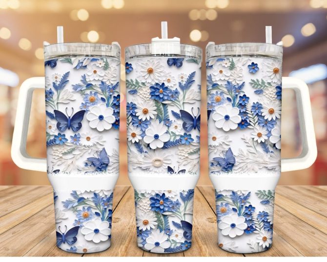 Blue Floral Butterflies Custom Stanley Quencher 40Oz Stainless Steel Tumbler With Handle