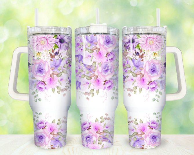 Blue Flowers Custom Stanley Quencher 40Oz Stainless Steel Tumbler With Handle - Image 4