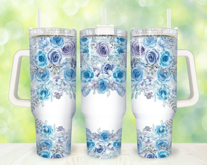 Blue Flowers Custom Stanley Quencher 40Oz Stainless Steel Tumbler With Handle - Image 5
