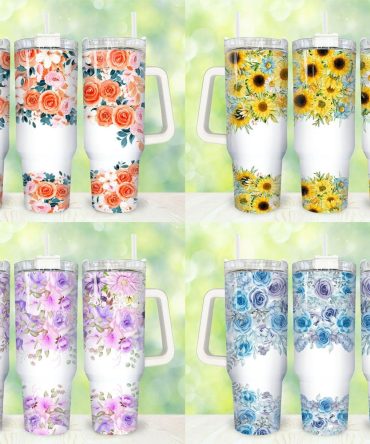 Blue Flowers Custom Stanley Quencher 40Oz Stainless Steel Tumbler With Handle