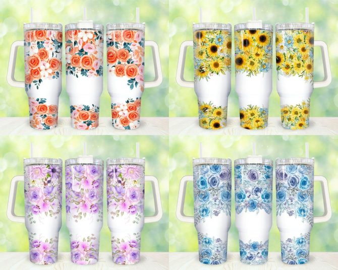 Blue Flowers Custom Stanley Quencher 40Oz Stainless Steel Tumbler With Handle