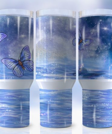 Blue Glitter Butterfly Custom Stanley Quencher 40Oz Stainless Steel Tumbler With Handle