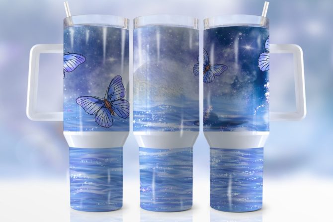 Blue Glitter Butterfly Custom Stanley Quencher 40Oz Stainless Steel Tumbler With Handle