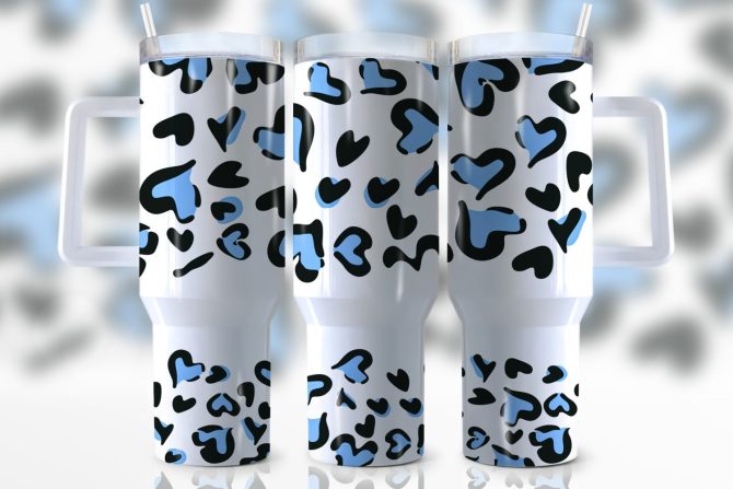 Blue Leopard Print Custom Stanley Quencher 40Oz Stainless Steel Tumbler With Handle